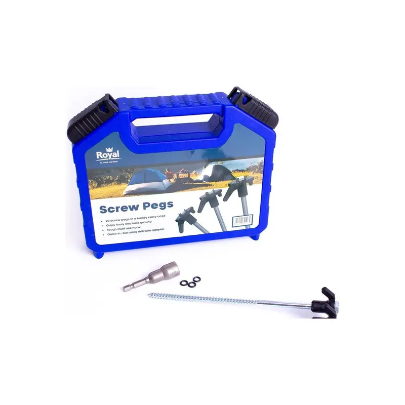 Royal Leisure Tent Screw Pegs – 20-Pack With Carry Case & Drill Adapter 1